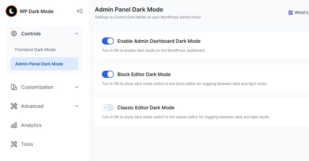 admin panel dark mode
