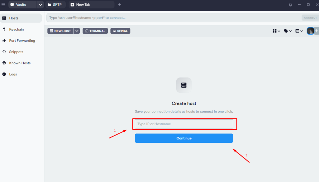 masukan host atau IP server di Termius