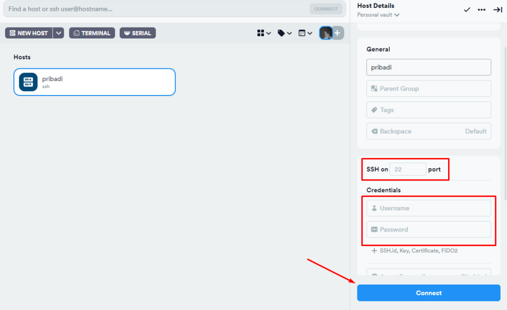 Login menggunakan username dan password server di Temius