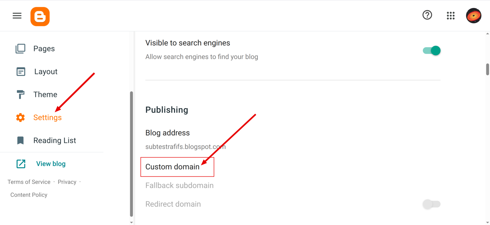menu custom domain