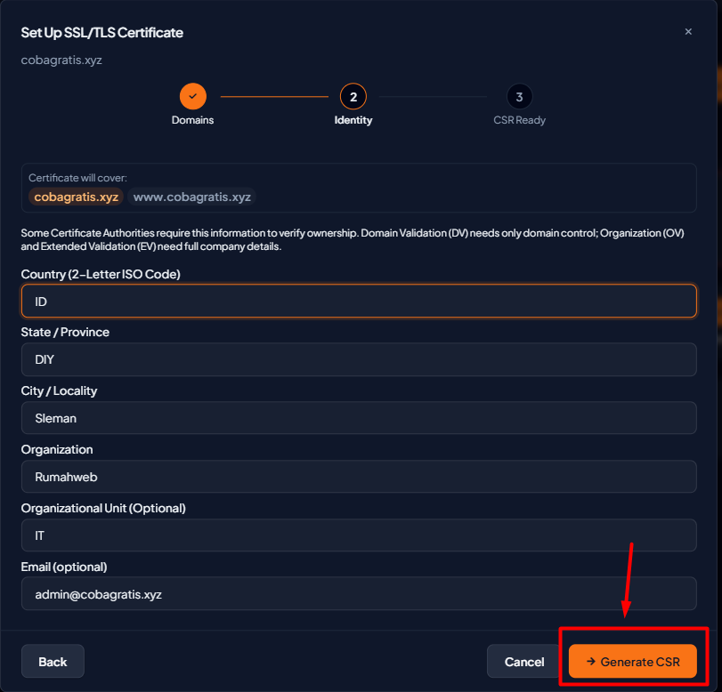 generate csr cpanel meridian theme identity