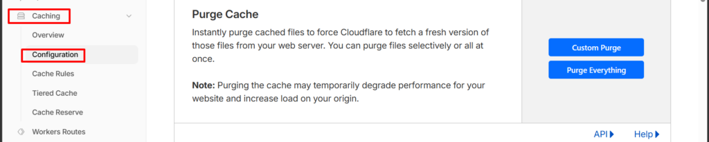 Masuk ke Menu Caching - Menghapus Cache di CloudFlare