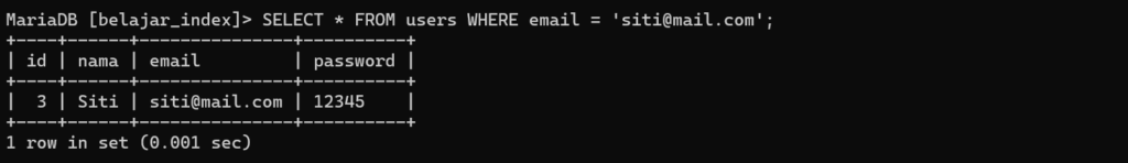 Hasil query setelah index - belajar sql database