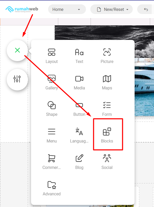 fitur blocks di sitepro editor