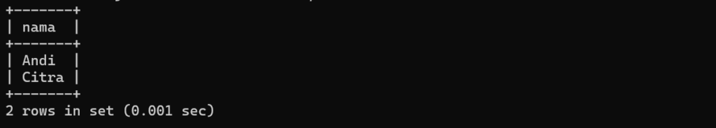 Hasil query pengguanaan where untuk memfilter data