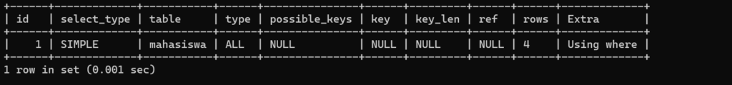 Hail penggunaan fitur explain untuk analisa query - belajar sql database 13