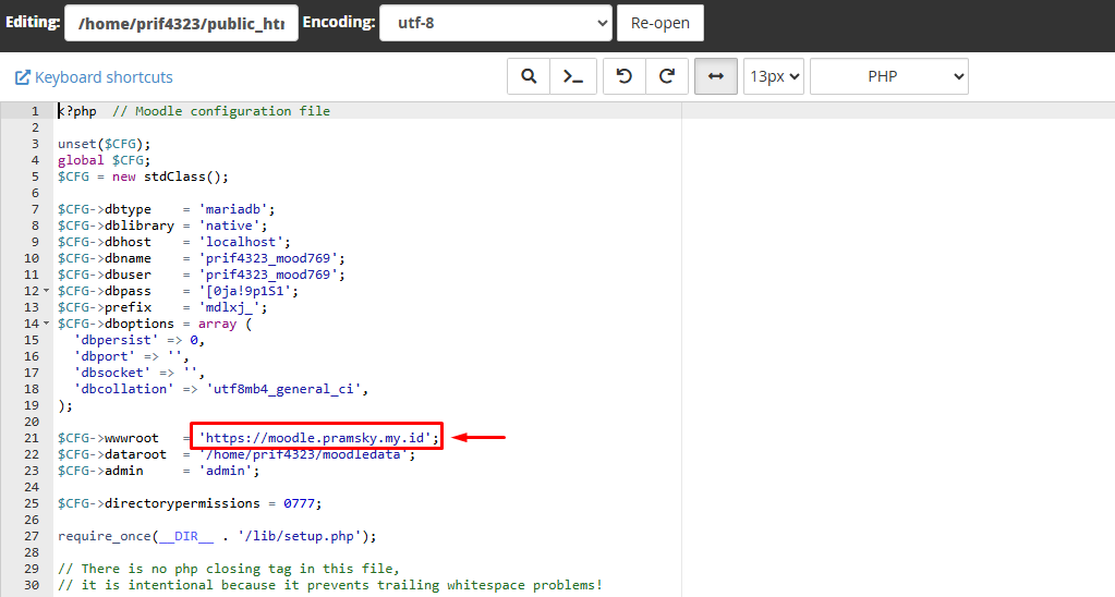 Mengganti domain di Moodle pada File config.php
