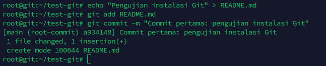 melakukan commit pertama setelah git terinstall dan repository telah dibuat