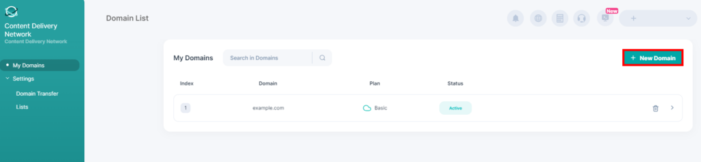 menu + New Domain