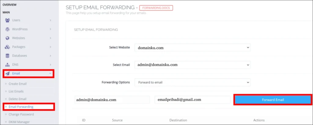 setting email forwarding di cyberpanel