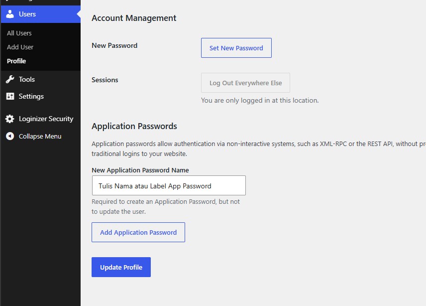 tampilan setting application password