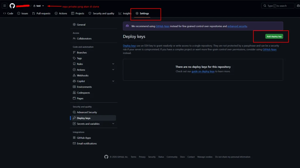 Menambahkan ssh key di repo github