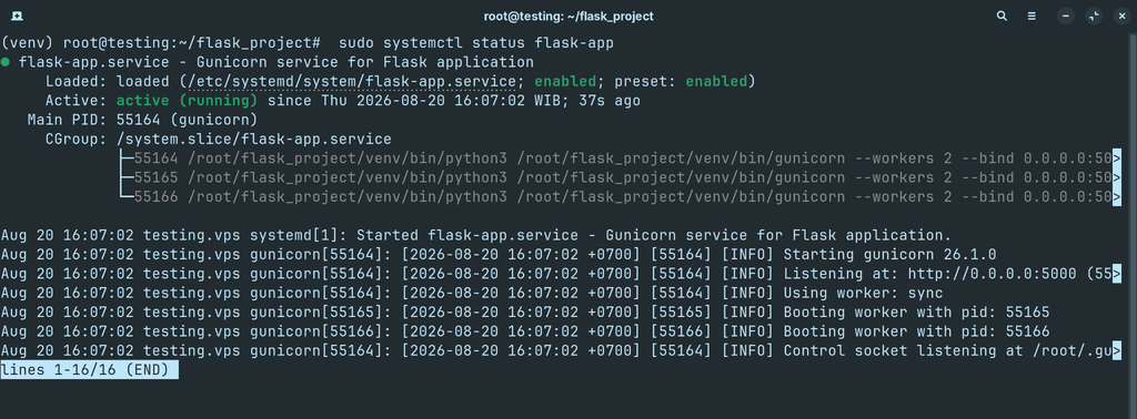 Status service Flask aktif di systemd
