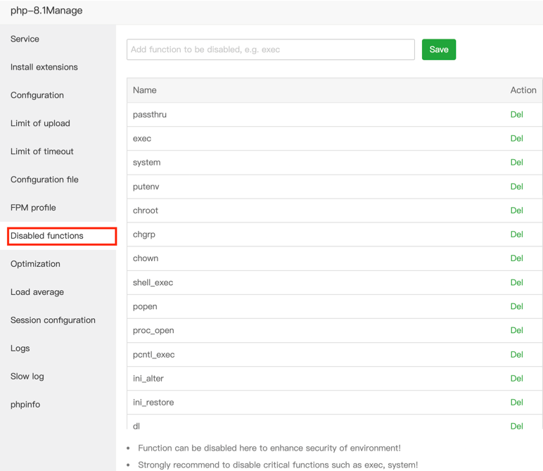 tambahkan disable function