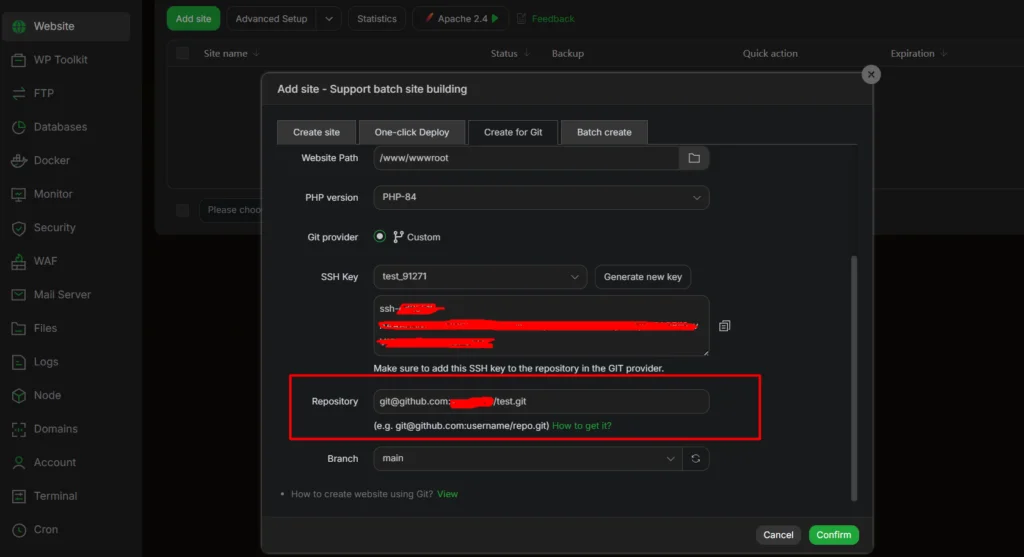 menambahkan url github ke aapanel
