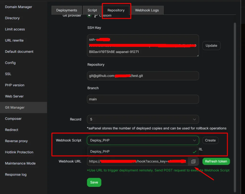 menambahkan webhook di aapanel