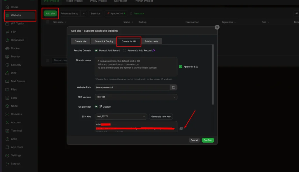 Membuat ssh key aapanel