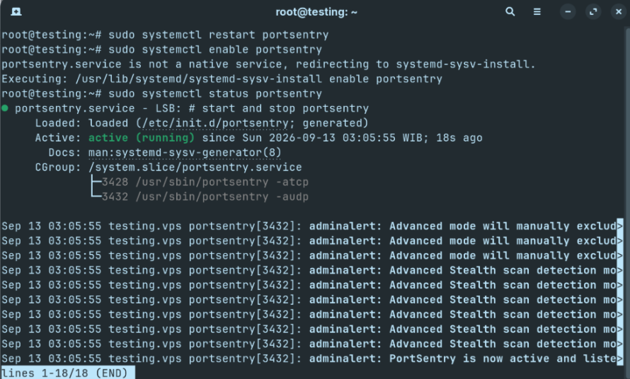 Menjalankan dan Mengaktifkan Service PortSentry