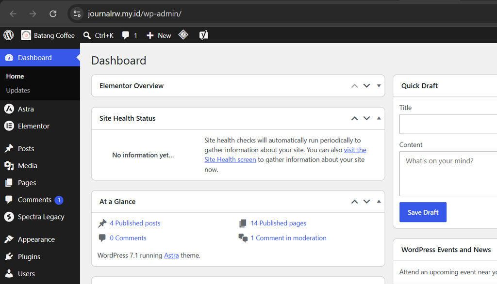 Tampilan dashboard WordPress - tutorial WordPress