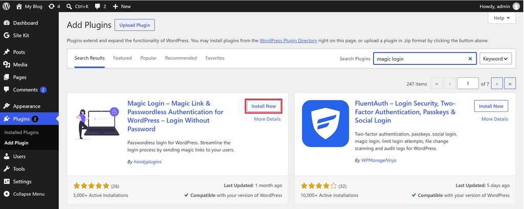 Install plugin magic login