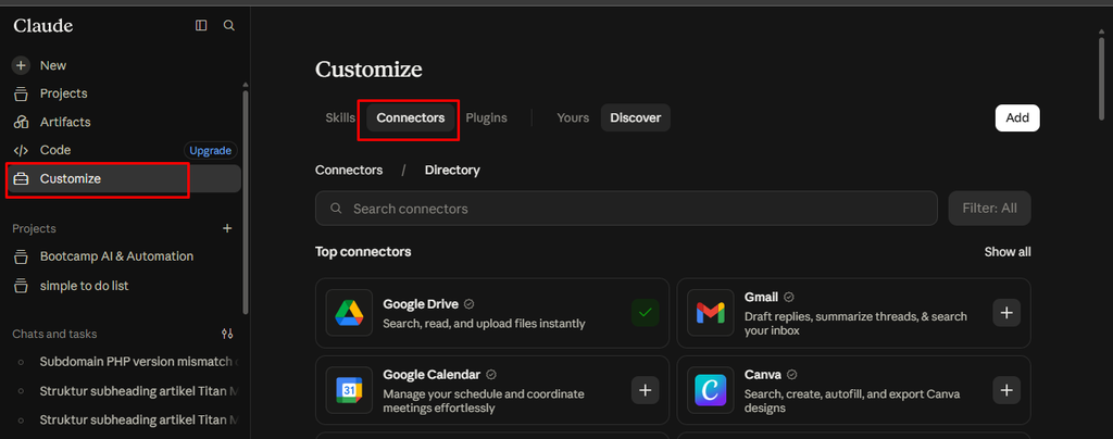 masuk ke menu customize connectors