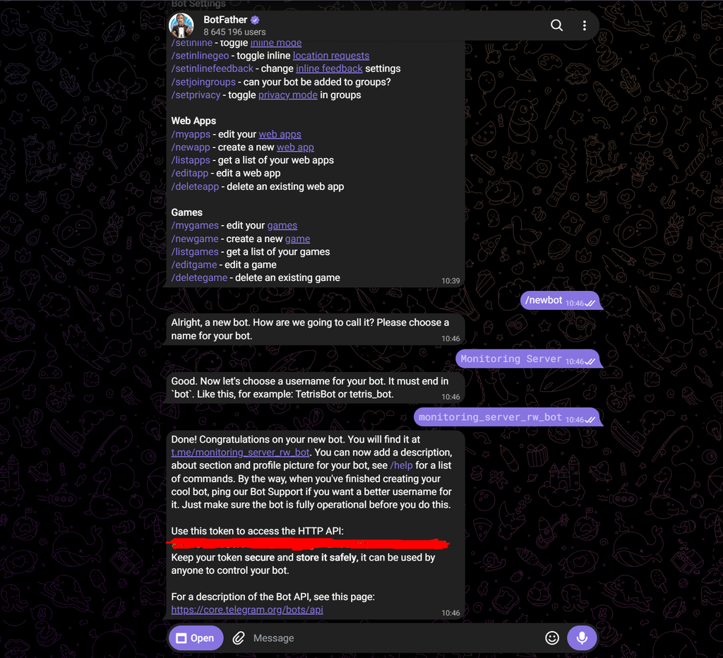 mendaftarkan bot di telegram