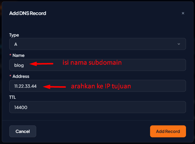 lengkapi data subdomain yang akan dibuat