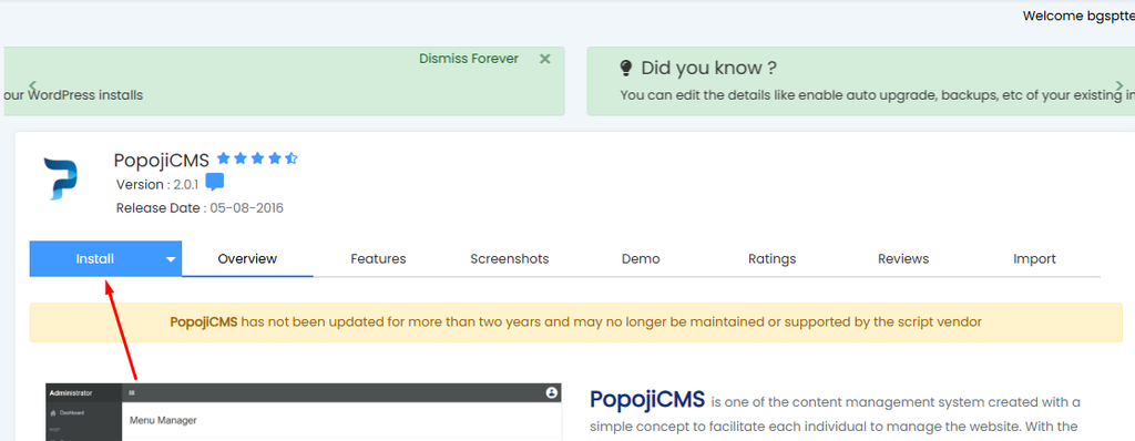 klik install popoji cms di softaculous