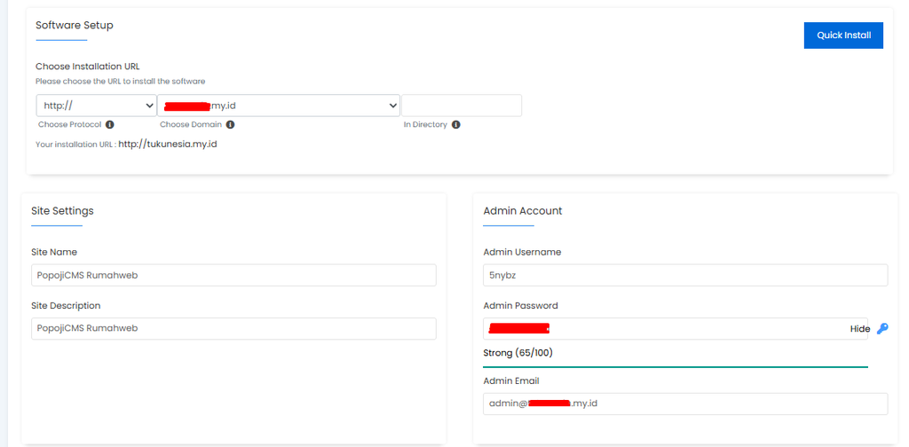 isi form untuk installasi popoji cms di softaculous