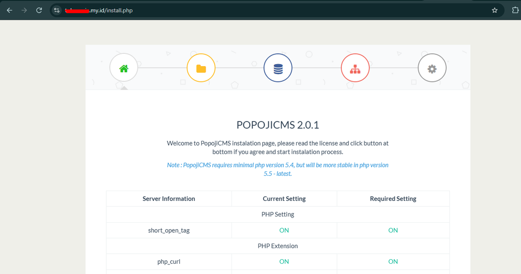 tampilan instalasi popoji cms