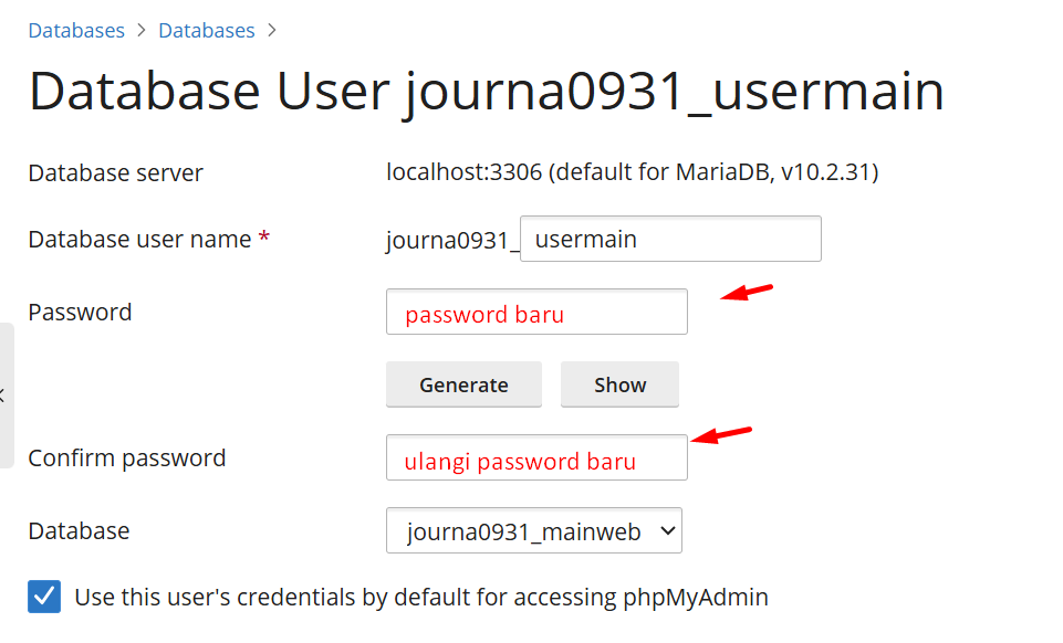 mengubah password user database plesk